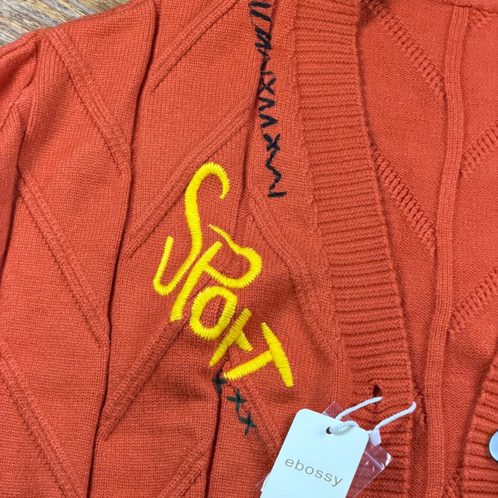 Fall Cable Knit Cardigan Patchwork Sport Dream Embroidered Sweater L New Orange - Picture 2 of 11